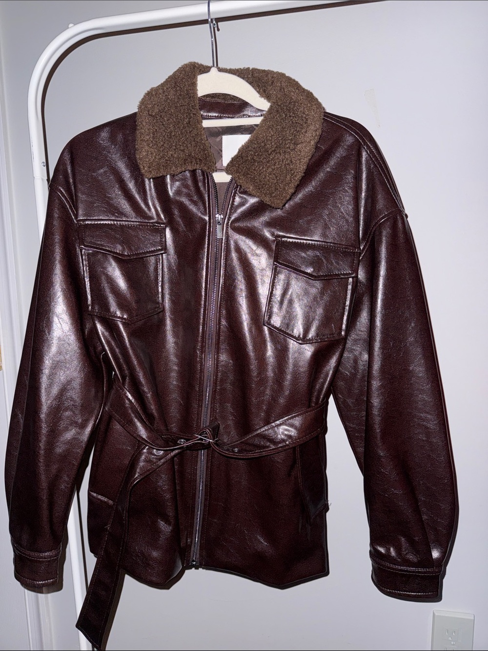 Brown Faux Leather Bomber